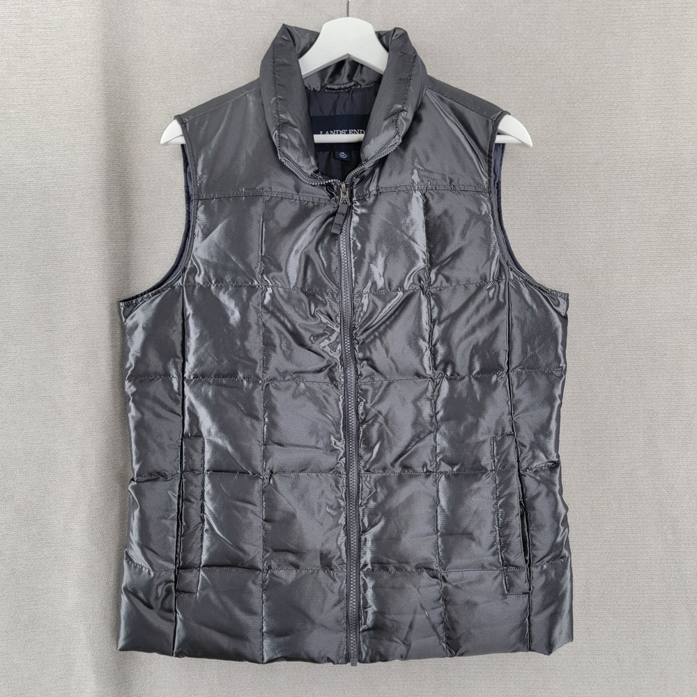Lands End Womens Vest Down Quilted Puffer Jacket Size Medium Metallic Silver
